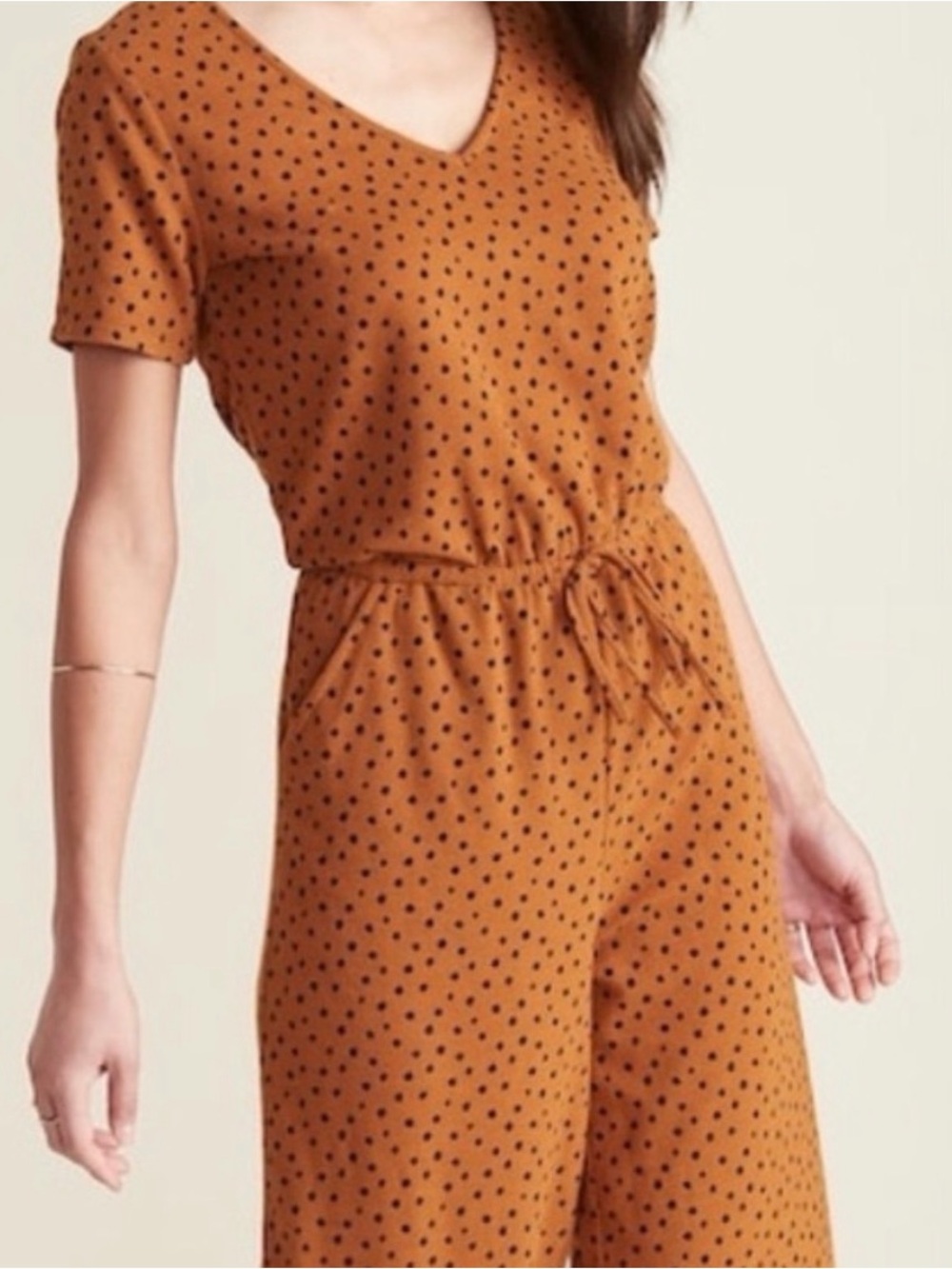 Polka Dot V-Neck Wide-Leg Jumpsuit in Rust (Old Navy)